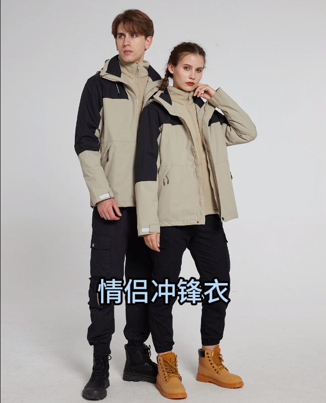 外衣：150D高彈春亞紡-100%聚酯纖維內(nèi)膽：300克雙面搖粒絨-100%聚酯纖維防水5000/透氣2000/防風(fēng)/保暖/三合一男女同款沖鋒衣登山服，奧特萊斯定制款防寒保暖情侶套裝沖鋒衣。